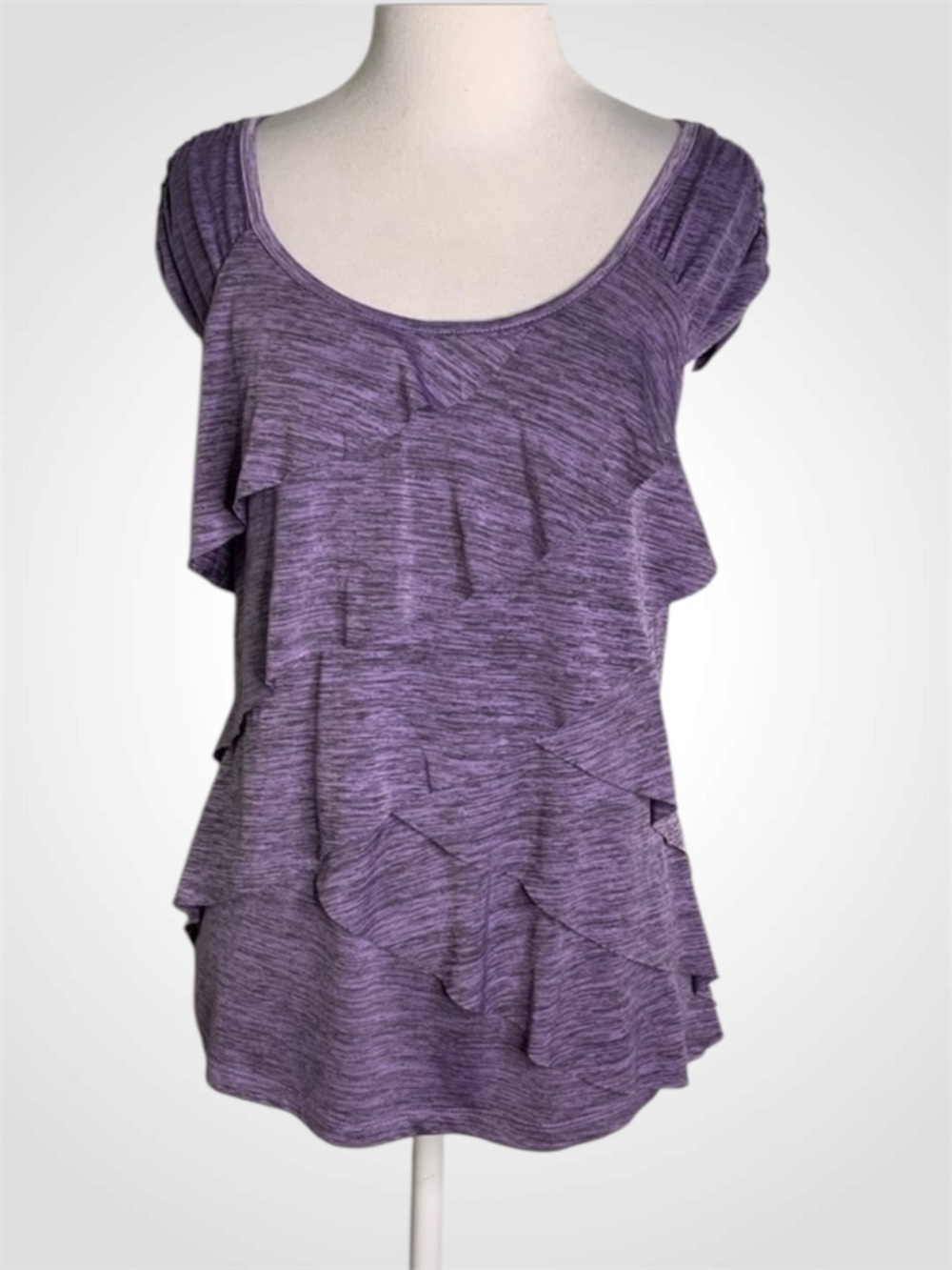 AGB Heathered Purple Tiered Ruffles Cap Sleeve Stretchy Casual Top S